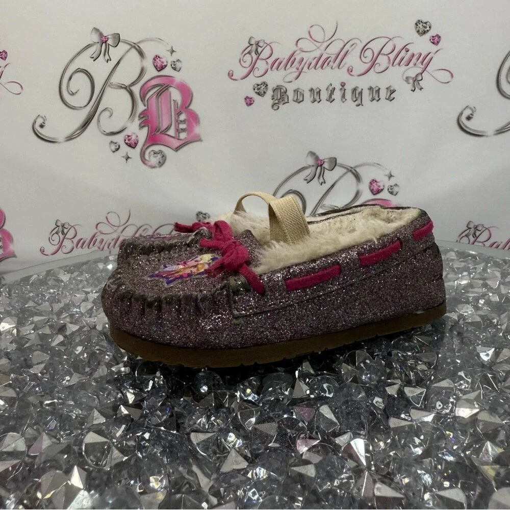 Disney moccasins Frozen Elsa princess sparkly Glitter Slippers with Pink Laces